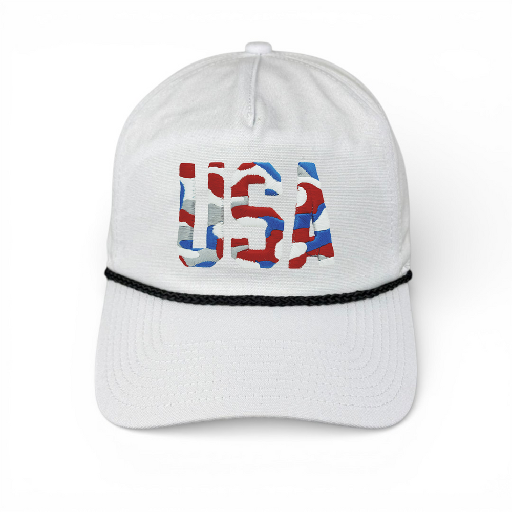 USA Camo Hat - White (Black Rope) Relaxed Rope